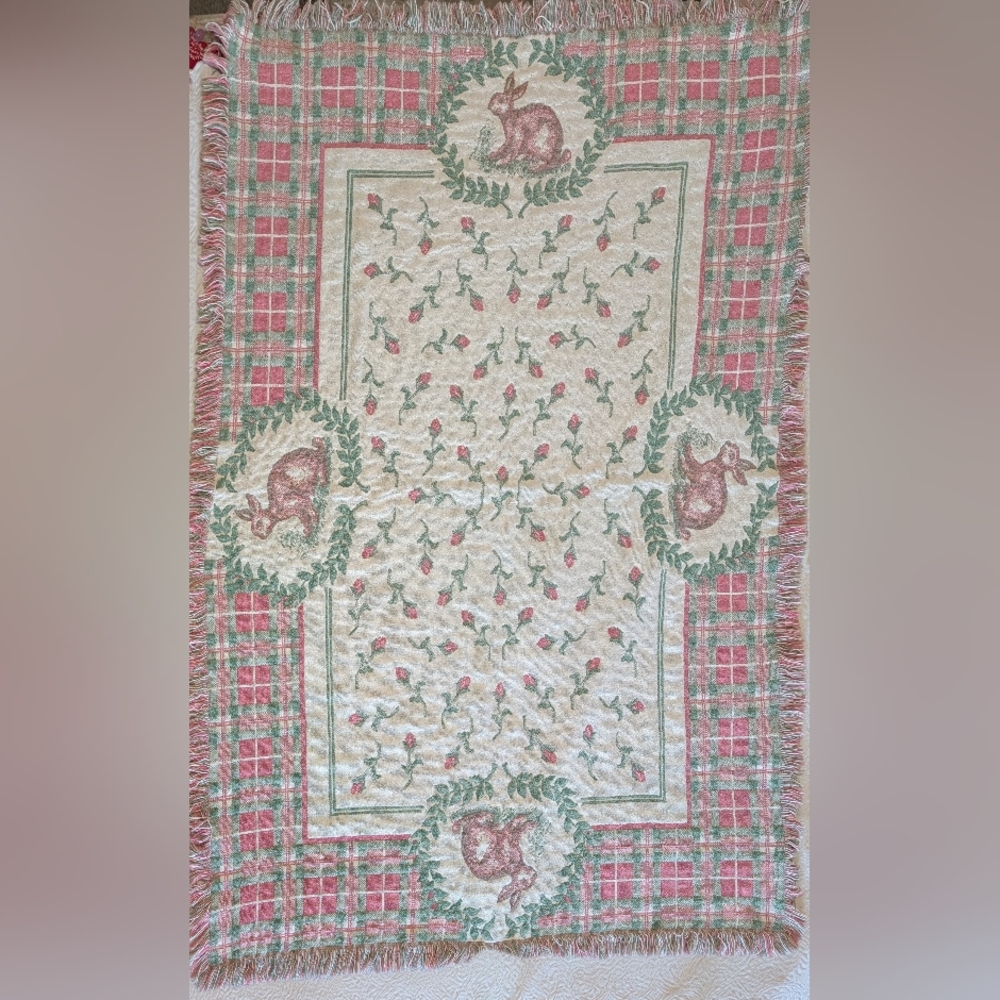 Vintage tapestry throw blanket fringe pink/ green bunnies rabbits Easter Cottage